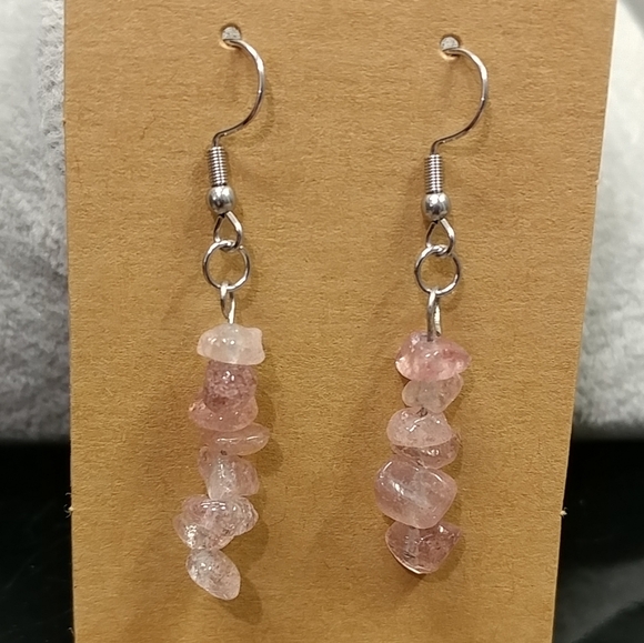 Strawberry Quartz Earrings Natural Gemstone Chip Beaded Surgical Stainless-Steel - Picture 6 of 11